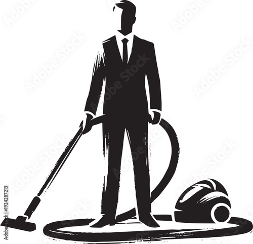 Silhouette of a businessman vacuuming in minimalist brushstroke
