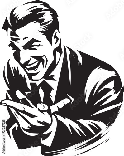 Black and white illustration depicting a man with a sinister gri