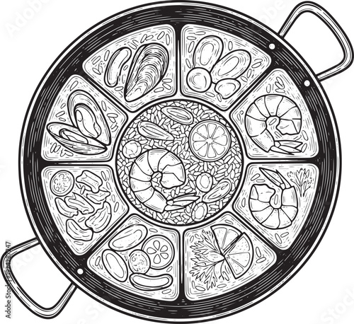 Monochrome Etching Depicting a Detailed Seafood Paella in a Trad