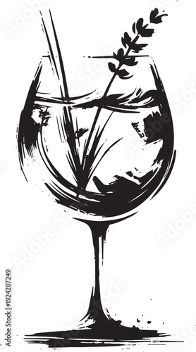 Elegant sumi-e illustration of a Lavender Gin Fizz cocktail glas