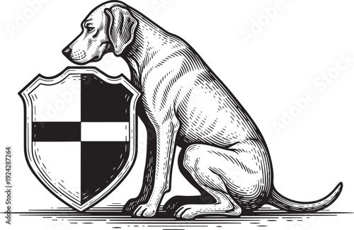 Engraved illustration of a noble dog safeguarding a heraldic shi