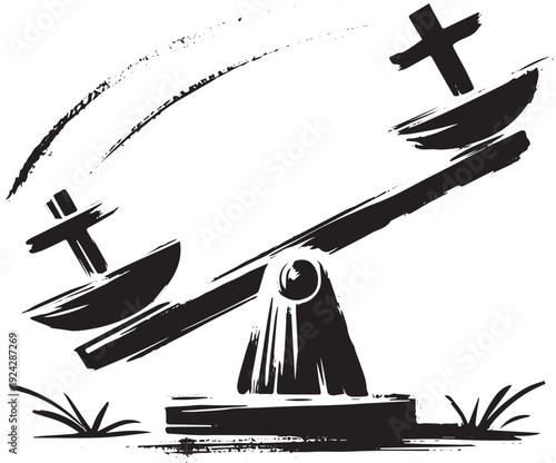 Graphic depiction of balance and imbalance with religious symbol