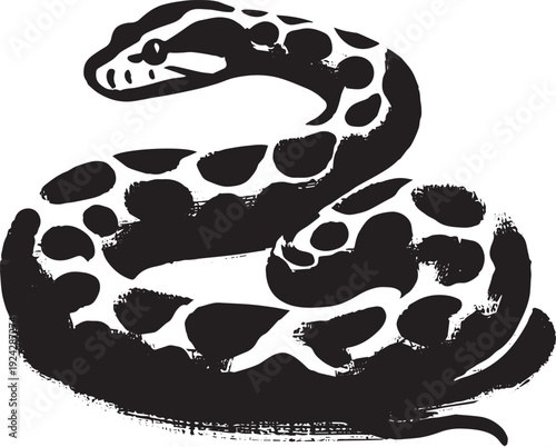 Elegant monochrome sumi-e illustration portraying a spotted boa