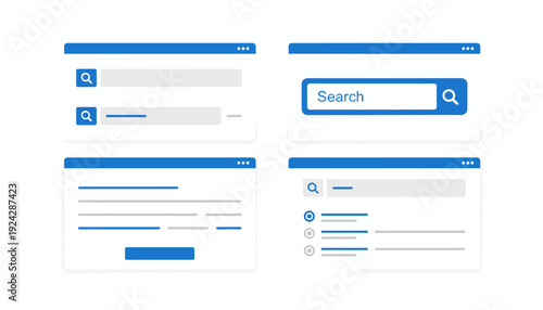 Web search engine interface wireframes with search bars and magnifying glass icons.