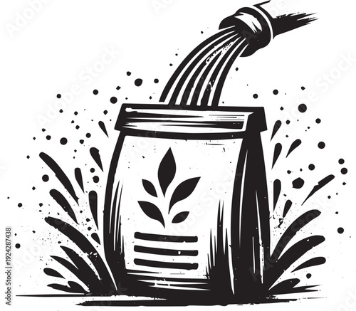Fertilizer bag vector art, sumi-e style logo illustration for ag