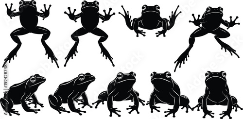 Frog silhouette vector set featuring various poses jumping and sitting isolated on white background for nature wildlife graphic design and creative projects.