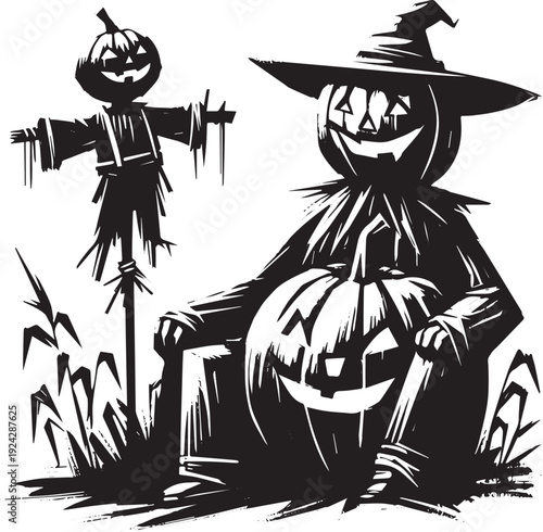 Sinister Jack O'Lantern scarecrow in minimal sumi-e illustration
