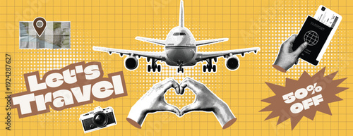 Retro vintage pop art comic style halftone collage travel agency banner for summer holiday vacation banner Let's travel summer vacation banner with airplane and heart hands on yellow grid background