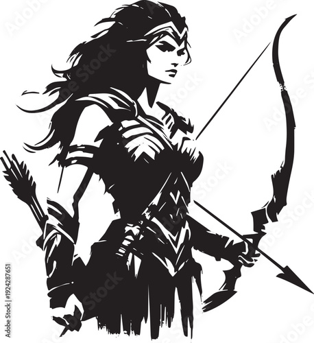 Striking Female Archer: A Bold Silhouette of a Warrior with Bow