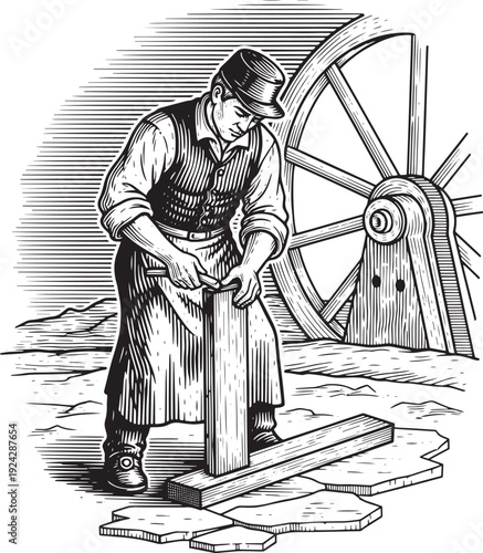 Woodcut illustration of a craftsman working with wood and a larg