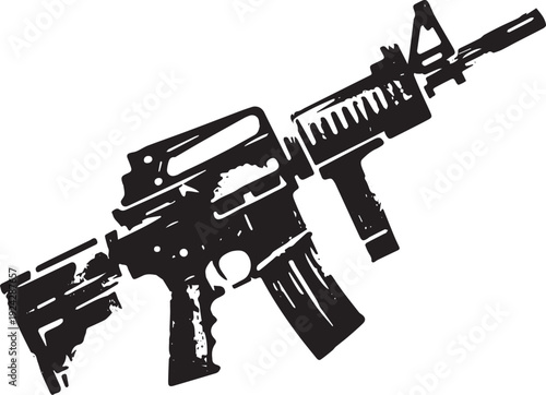 Monochrome illustration of modern assault rifle, with stylized b