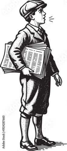 Retro Engraving Illustration of a Newsboy Announcing Headlines w