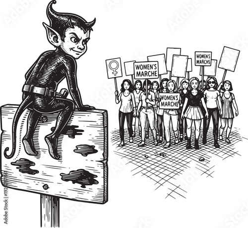 Woodcut Depiction of Little Devil Sits on Sign Overlooking Women