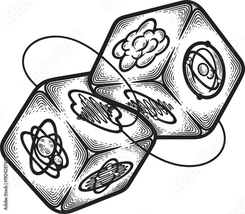 Engraved Illustration of Two Dice with Symbols Representing Abst