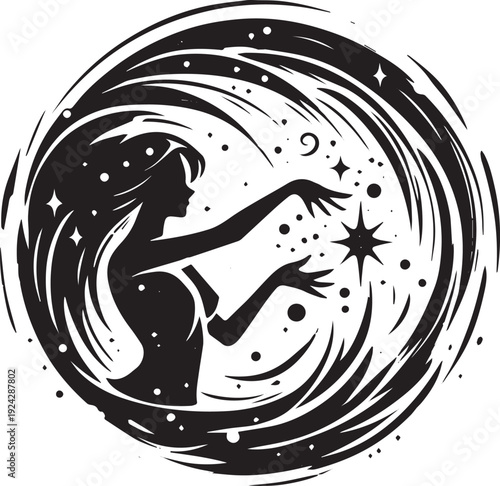 Enigmatic silhouette amidst swirling stars, a celestial dance of