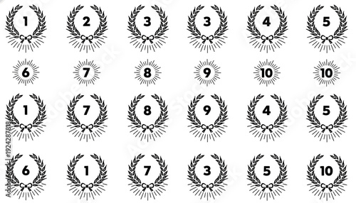 Collection of numbered laurel wreath badges in various designs and numbers.