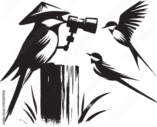 Artistic birdwatching scene with sumi-e elements, wildlife obser