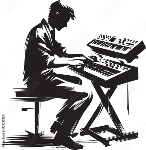 Minimalist sumi-e of a synthesizer performer creating musical te