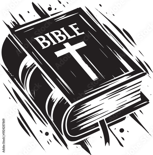 Bold religious tome illustration with an expressive brushstroke