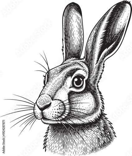 Intricate etched illustration of a hare with expressive whiskers