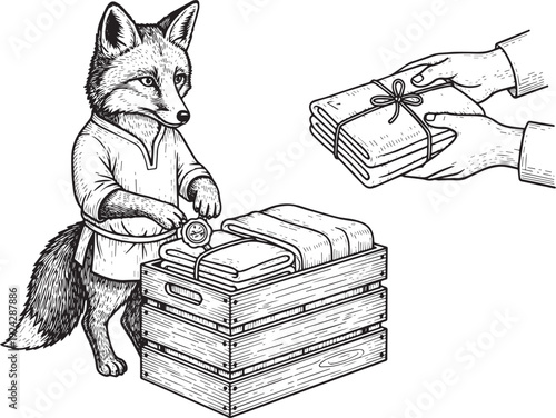 Vintage style illustration of fox merchant weighing package for