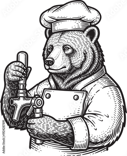 Engraved illustration of bear chef with beer tap and butcher blo