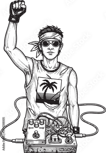 Engraved Illustration of a Rock Musician with Palm Tree Shirt an