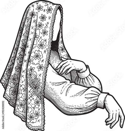 Engraved lady with hooded veil illustration, evocative mystery a