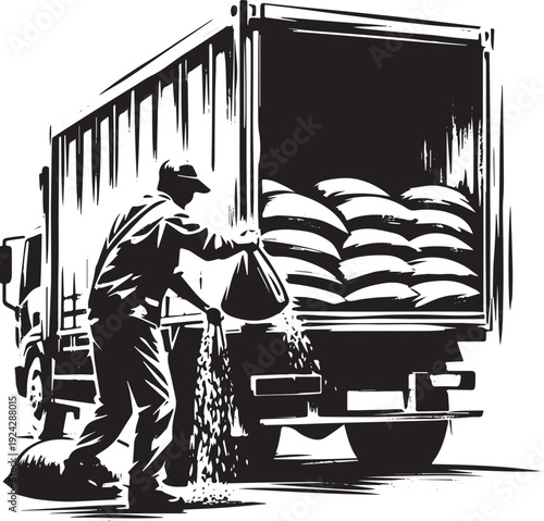 Monochrome Illustration of a man unloading feed sacks from a tru
