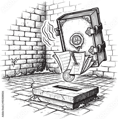 Mystical Engraved Illustration of Ancient Book with Seal and Sto