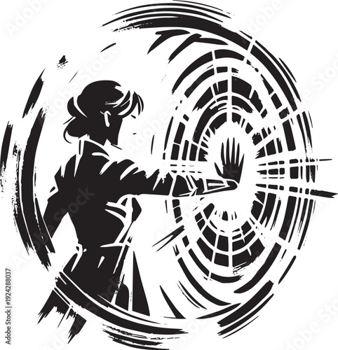 Empowered woman wielding a protective energy shield in sumi-e il