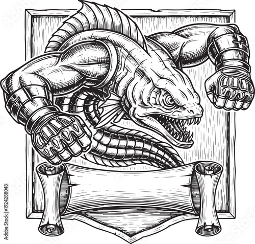 Intricate engraving of formidable fish monster with human muscle