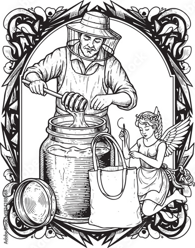 Vintage Illustration of Beekeeper, Honey Jar, Angel and Reusable
