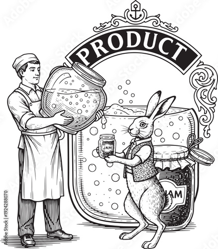Vintage engraved illustration of jam production with chef and ha