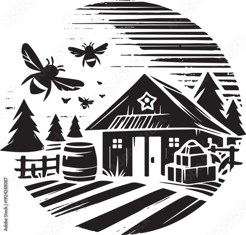 Monochrome Apiary Illustration with Bees and Rural Landscape in