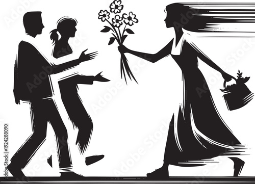 Sumi-e woman gifting blooms, illustrating generosity and connect