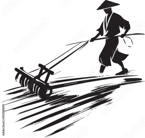 Monochrome Sumi-e Illustration of a Man Plowing Field in Japan w