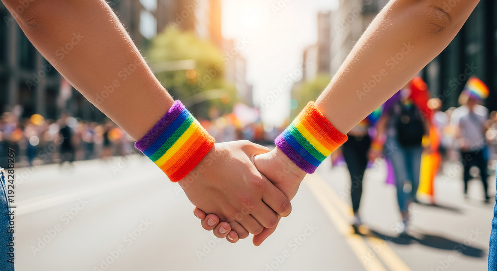 Obraz premium Two hands holding each other, with rainbow wristbands, in outdoor setting, representing connection, support, and solidarity for a social movement