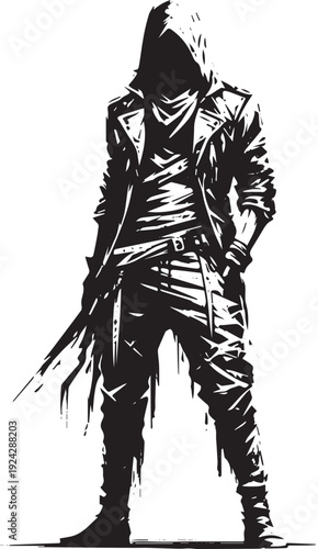 Monochrome illustration of a mysterious hooded figure in an urba