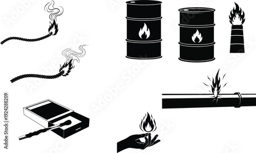 Black and white clipart set of fire and flame icons with various objects