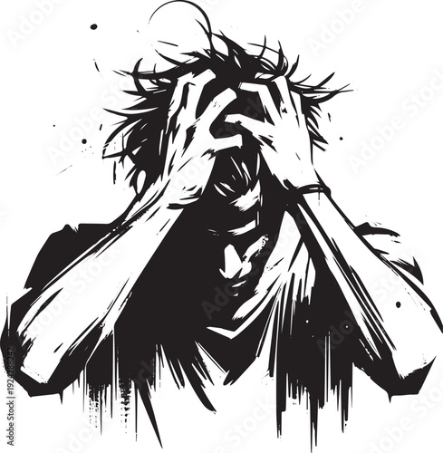 Emotional turmoil: Sumi-e illustration of a stressed individual