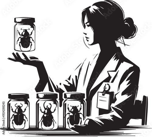 Entomologist examining beetle specimens in jars, science educati