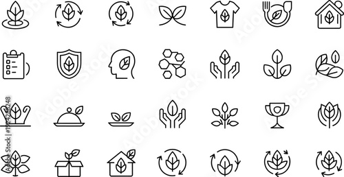 Eco-friendly icons collection, sustainability vector artwork, green living clipart design, recycling nature symbols, organic product illustration, environmental protection set
