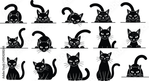 Black cat silhouette vector set featuring cute kittens peeking over edge, sitting, playing, and stretching isolated on white background for graphic design.