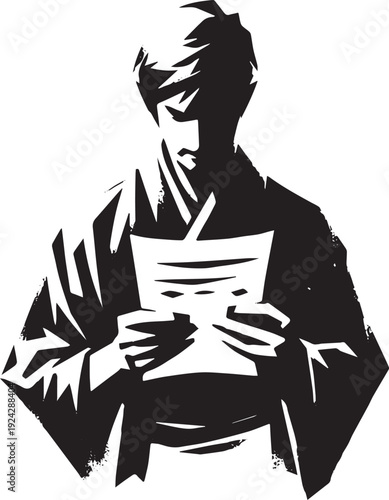 Monochrome illustration of a man reading a letter in the sumi-e