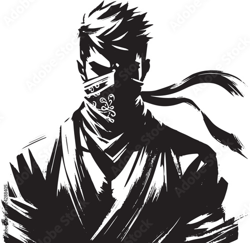 Bandana man illustration in sumi-e style, ink brush drawing, min