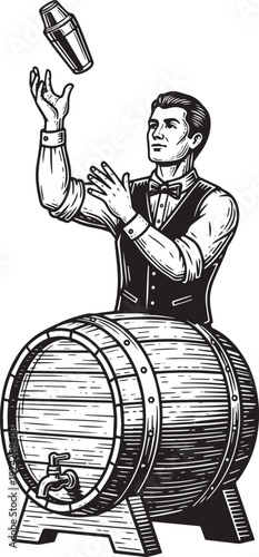 Vintage style illustration of a bartender juggling a cocktail sh
