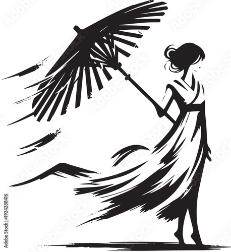 Elegant woman holding tattered umbrella in sumi-e style minimali