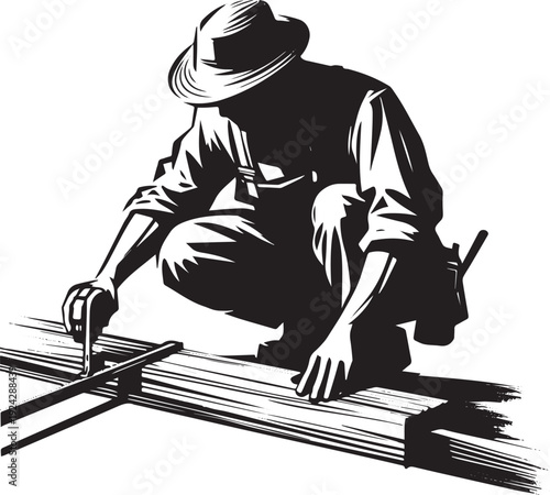 Monochrome illustration of a carpenter marking wood with traditi