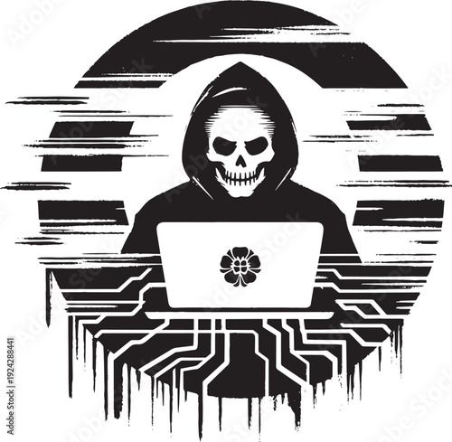 Abstract Sumi-e Hacker Vector with Grunge Effects and Circuitry